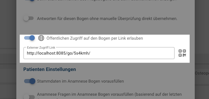 Fragebogen-Konfiguration: Aktivierung öffentlicher Fragebogen