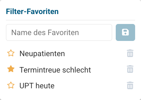 Gespeicherte Filter-Favoriten, einer davon als Standard