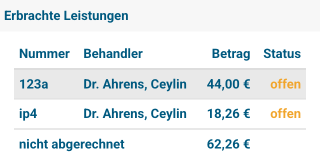 Erbrachte Leistungen mit Abrechnungsstatus